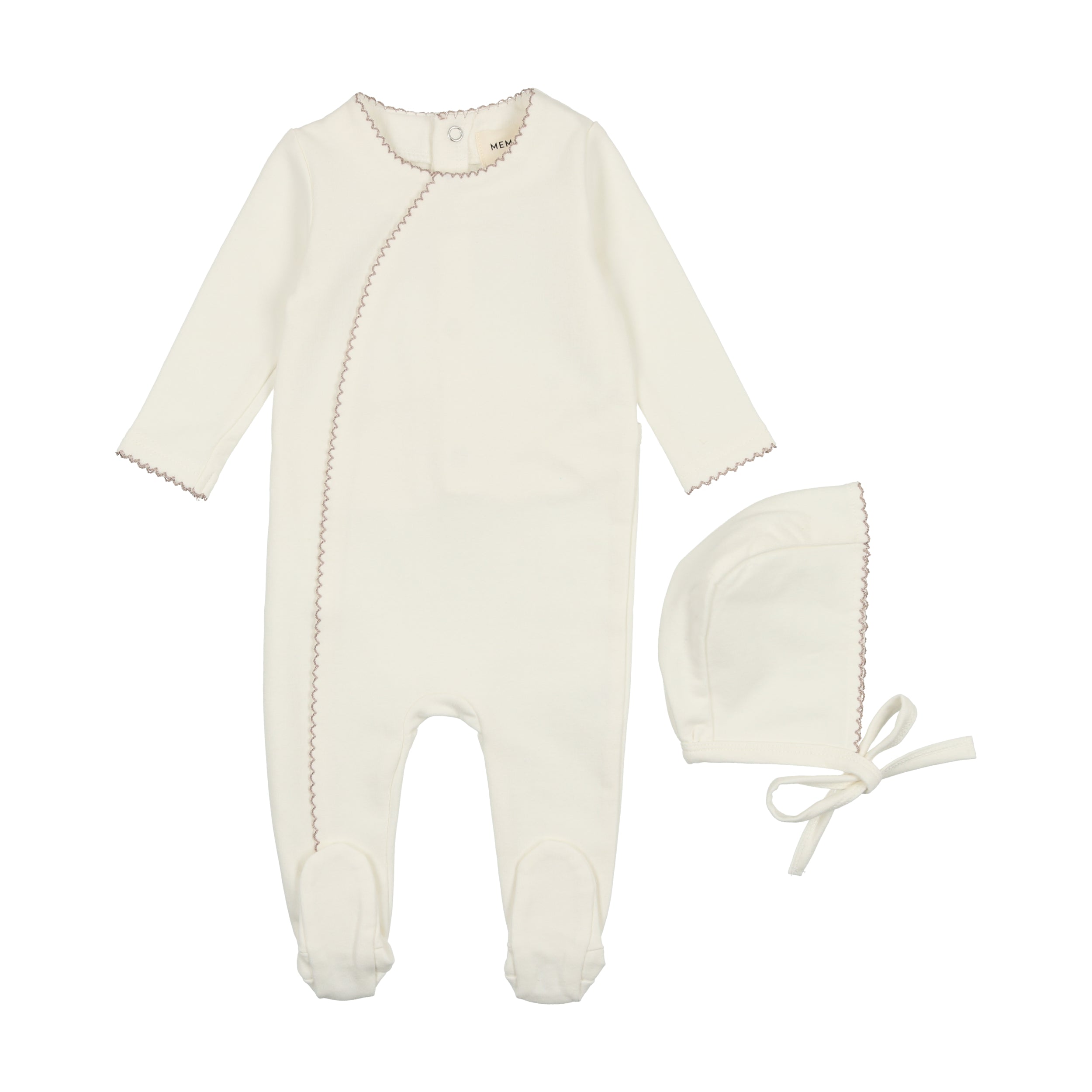 Cream/Mauve Metallic Piped Edge Footie & Bonnet Set