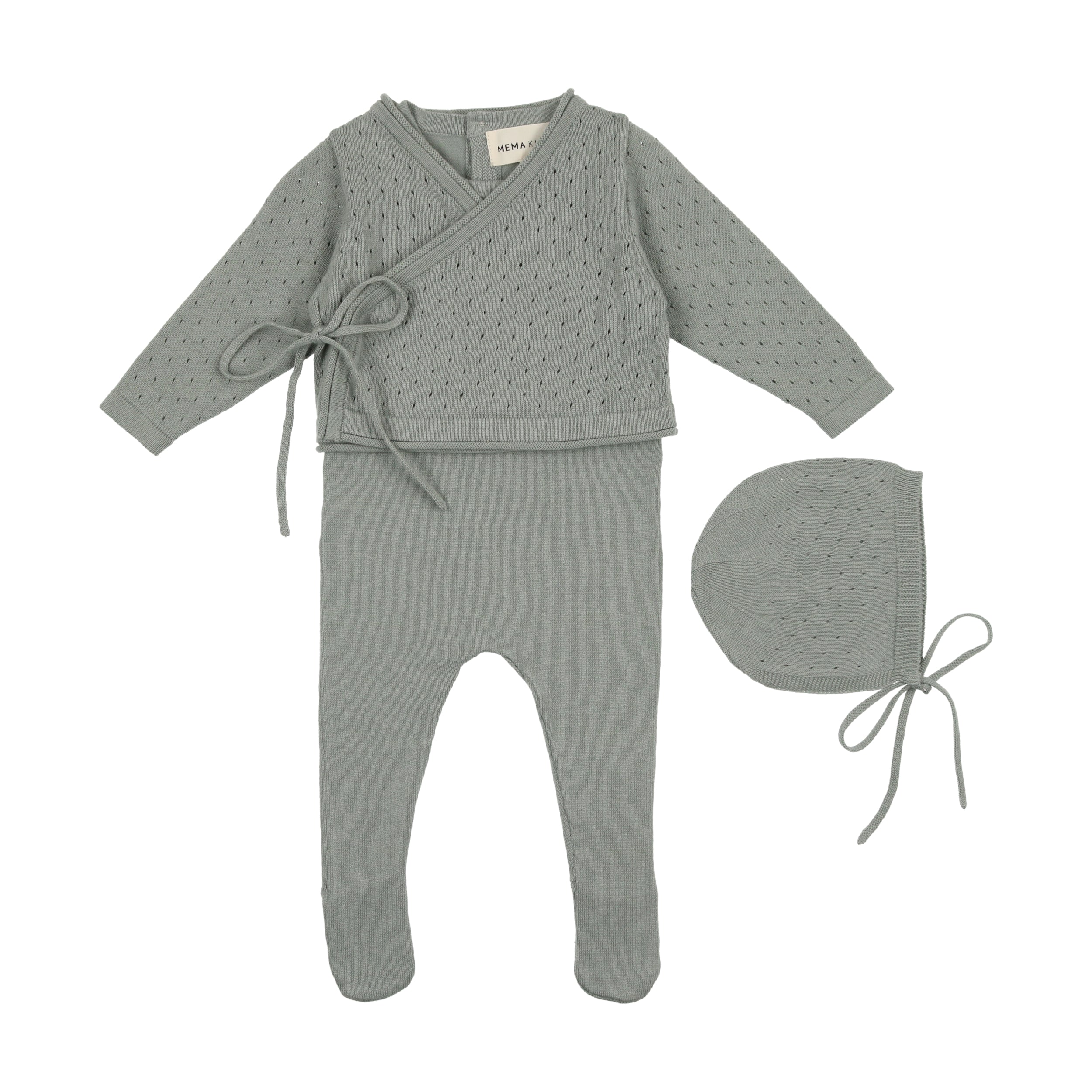 Powder Blue Knit Footie with Cropped Cardigan & Bonnet Set