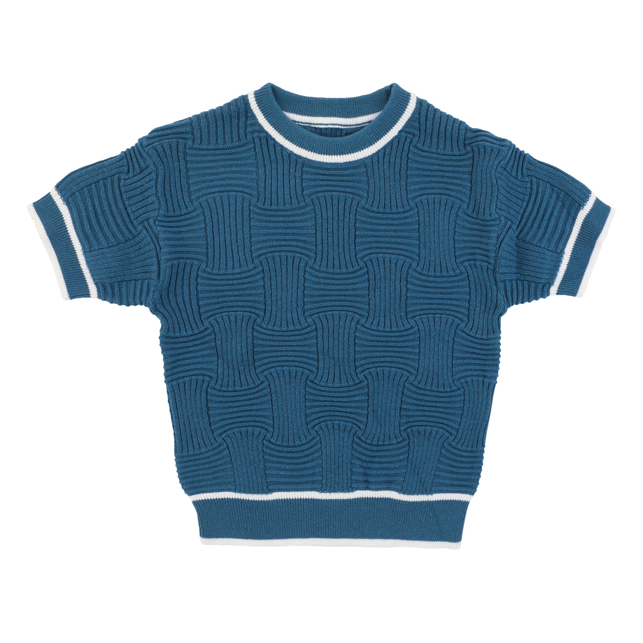 Blue Knit Square Weaved Short Sleeve Sweater