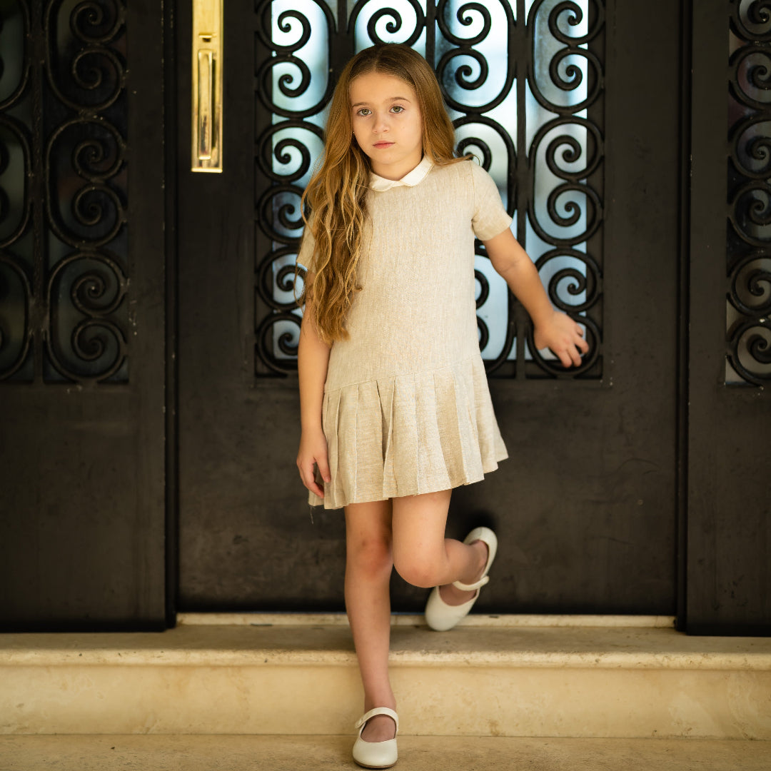 Sand Linen Short Sleeve Drop Pleat Dress