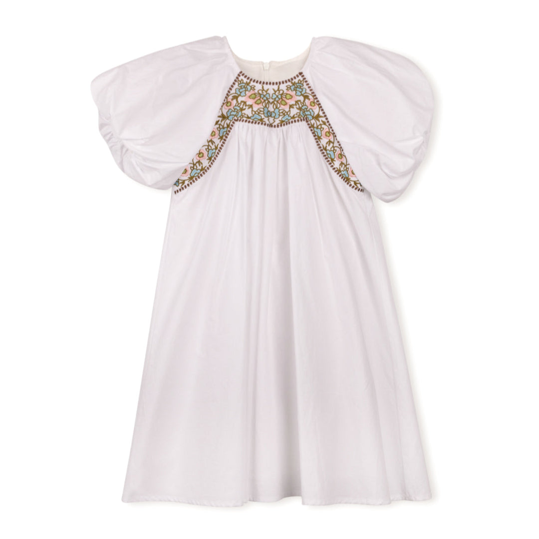 White Poplin Embroidery Chest Detail Dress