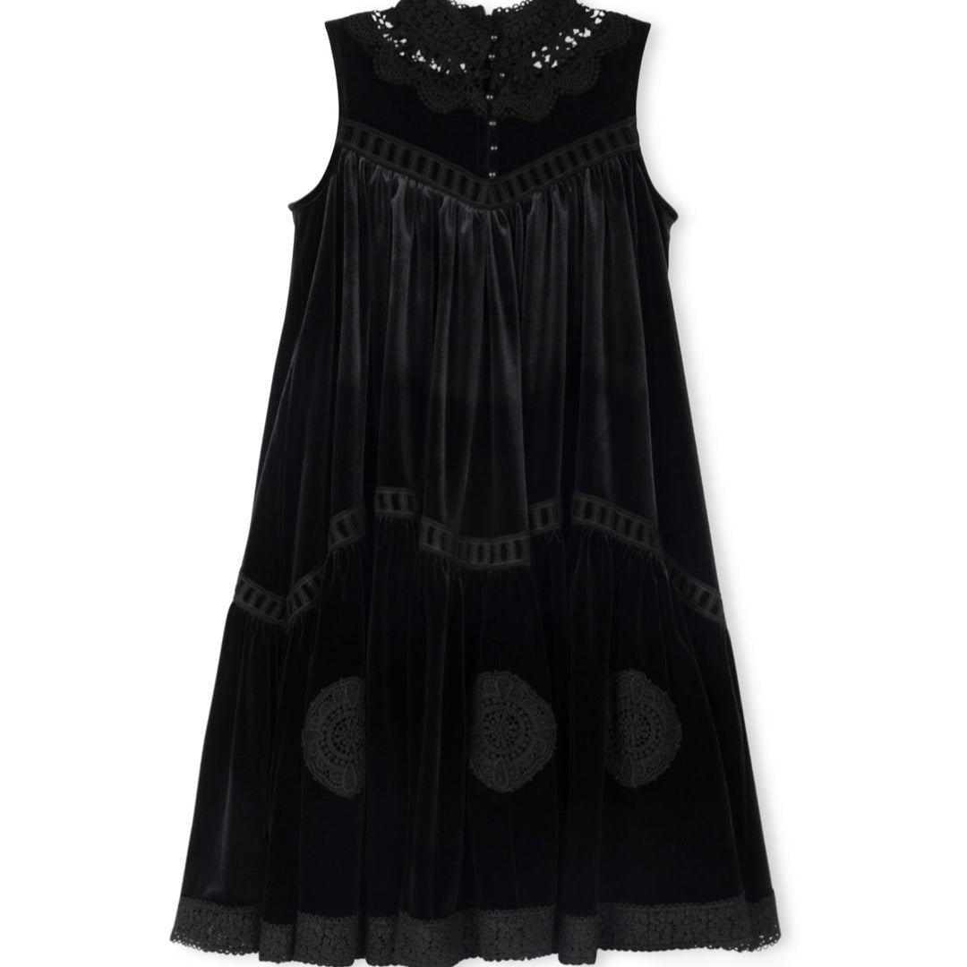Black Velour And Eyelet Trim Midi Dress