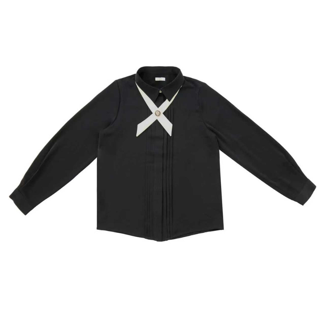 Black Front Pleated Blouse Cream Collar & Velvet Criss Cross
