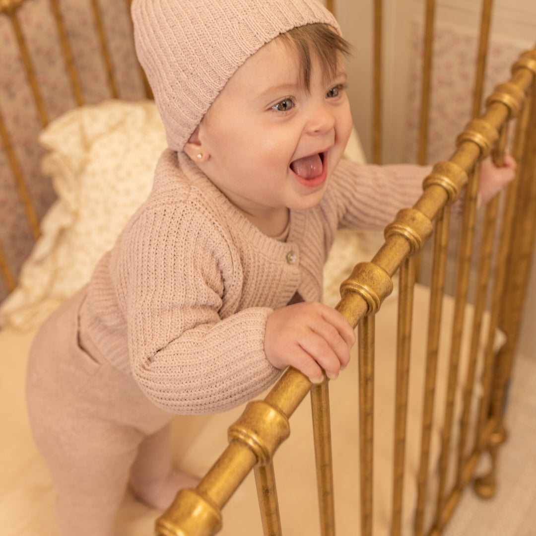 Tea Rose Chenille Cardigan Footie/Beanie Set