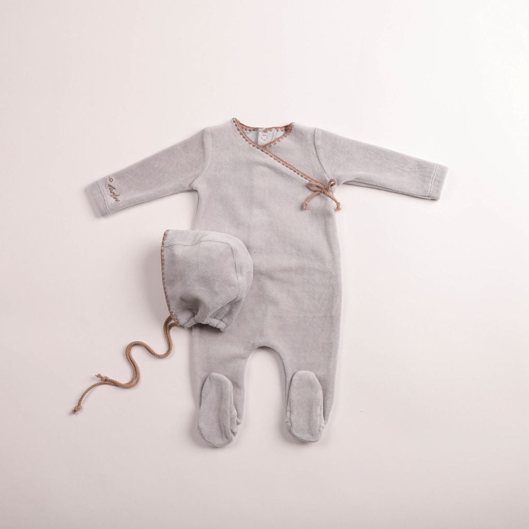 Dusty Blue Classic Stitch Velour Footie/Bonnet