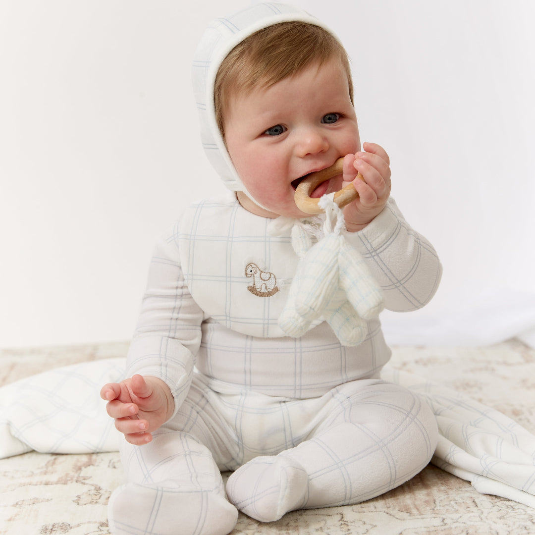 Blue Petit Ours Whinny Plaid Velour Footie and Bonnet Set