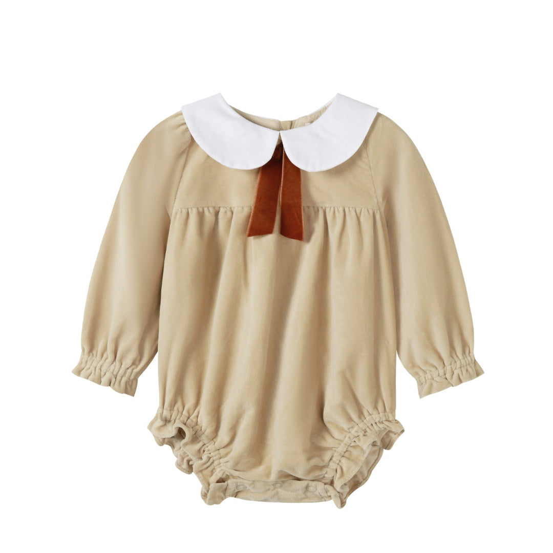 Crushed Velour Tan Tie Romper