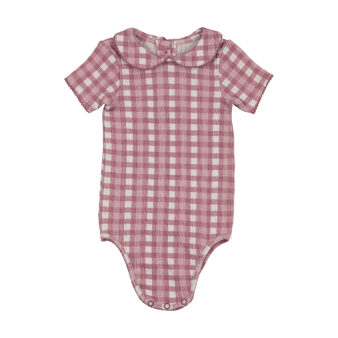 Mauve Gingham Printed Peter Pan Collar Onesie