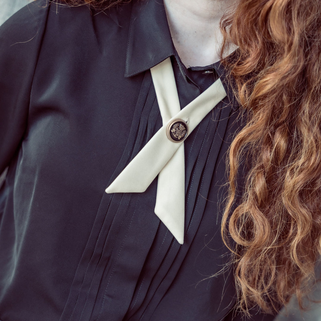 Black Front Pleated Blouse Cream Collar & Velvet Criss Cross