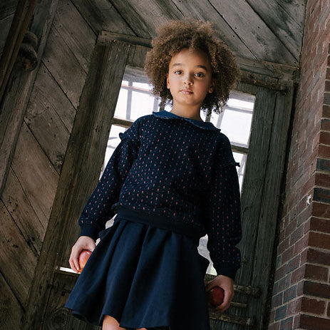 Navy Print Sweet Campaign Denim Collar Ruffle Sweatshirt
