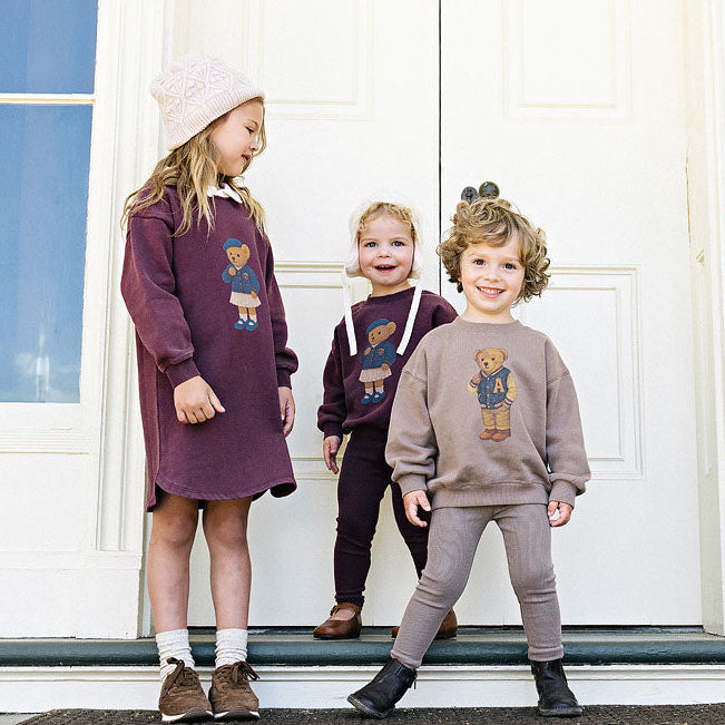 Washed Burgundy Bear Sweatshirt Set