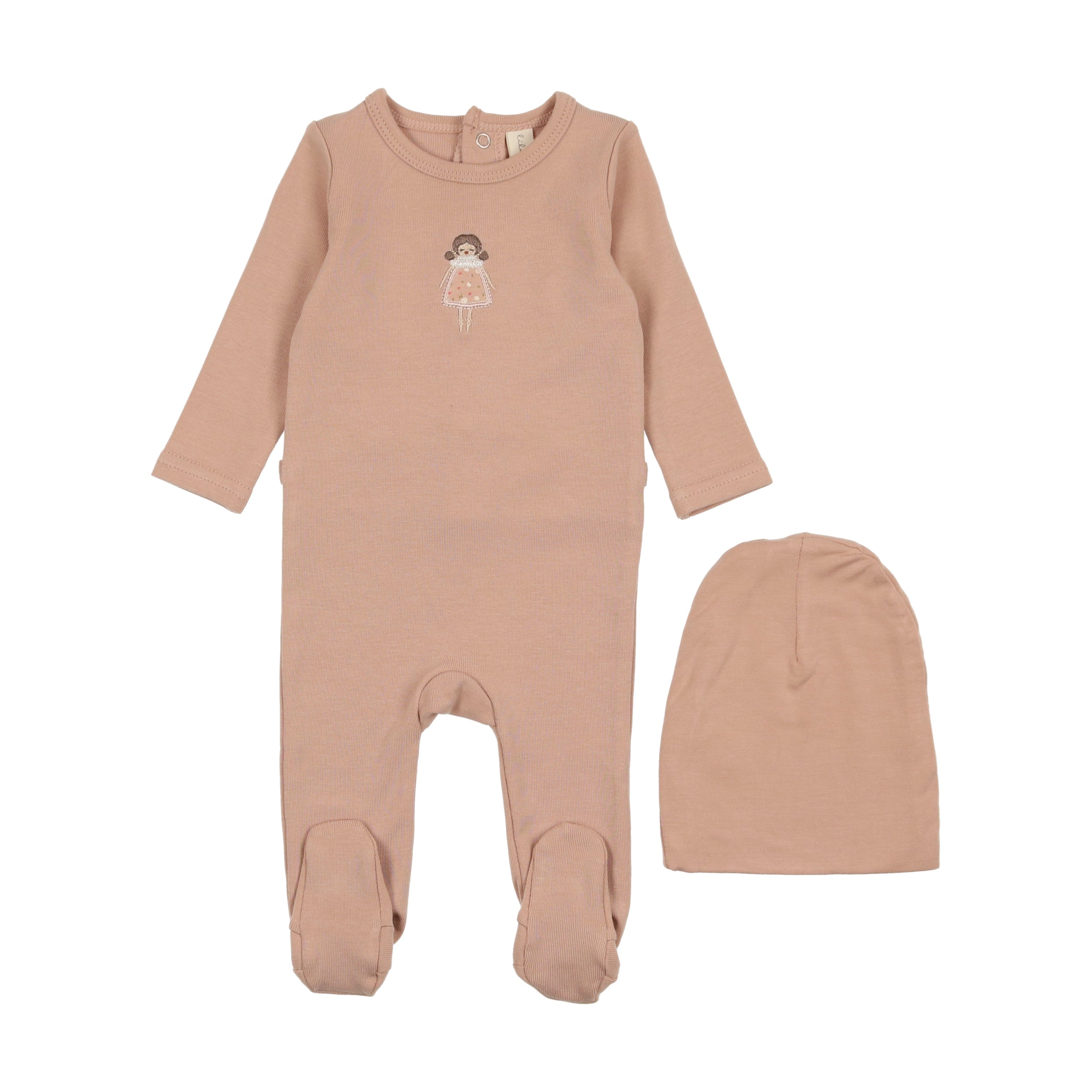 Pink Doll Embroidered Footie & Beanie Set