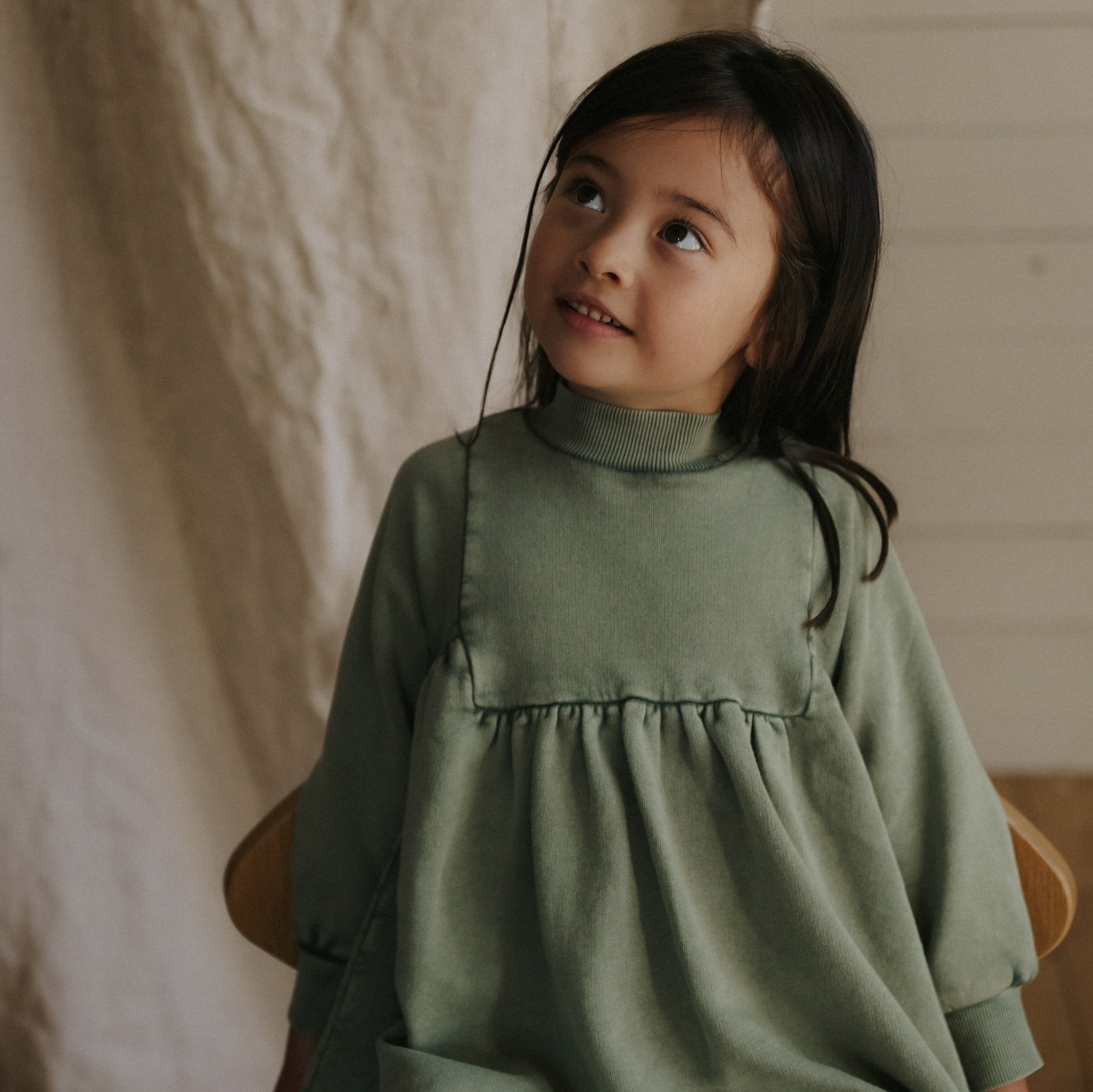 Washed Khaki Turtleneck Bib Dress