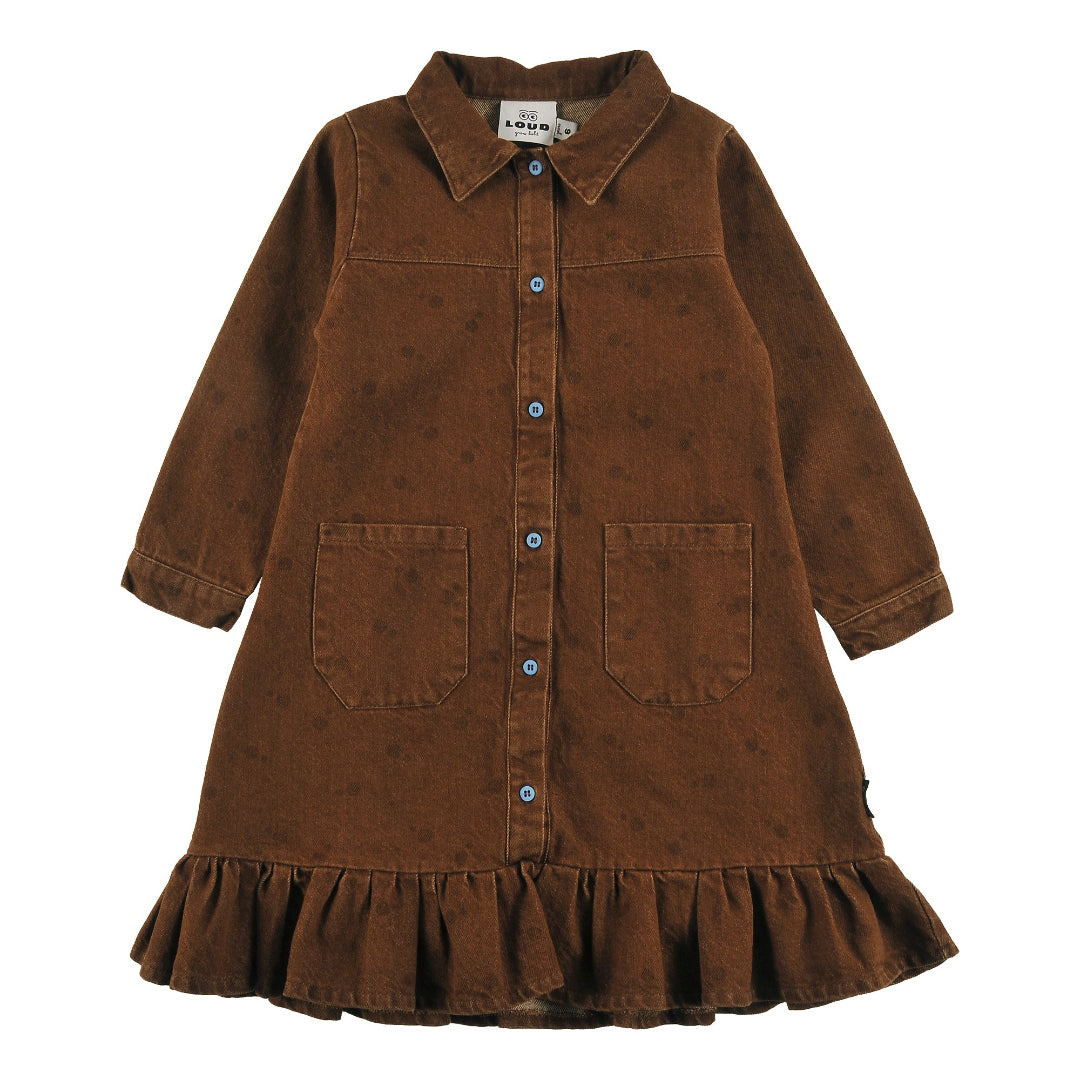 Choco/ Polka Dot Dress, Loose Fit, Buttoned Front