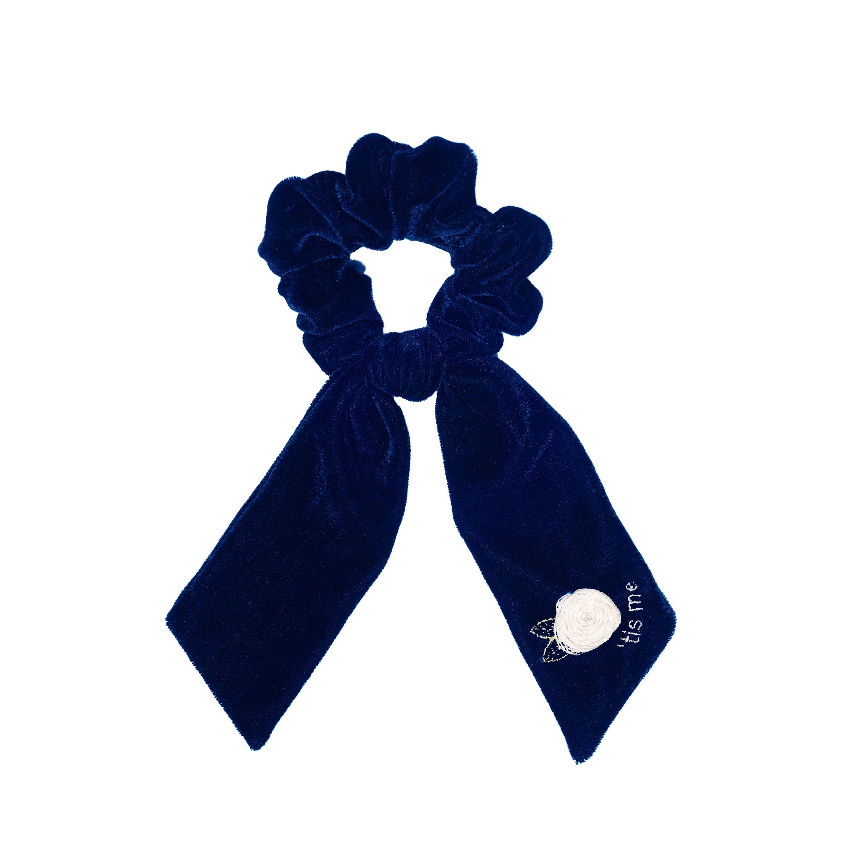 Royal Navy Velvet Embroidery Ribbon Tie On Scrunchie