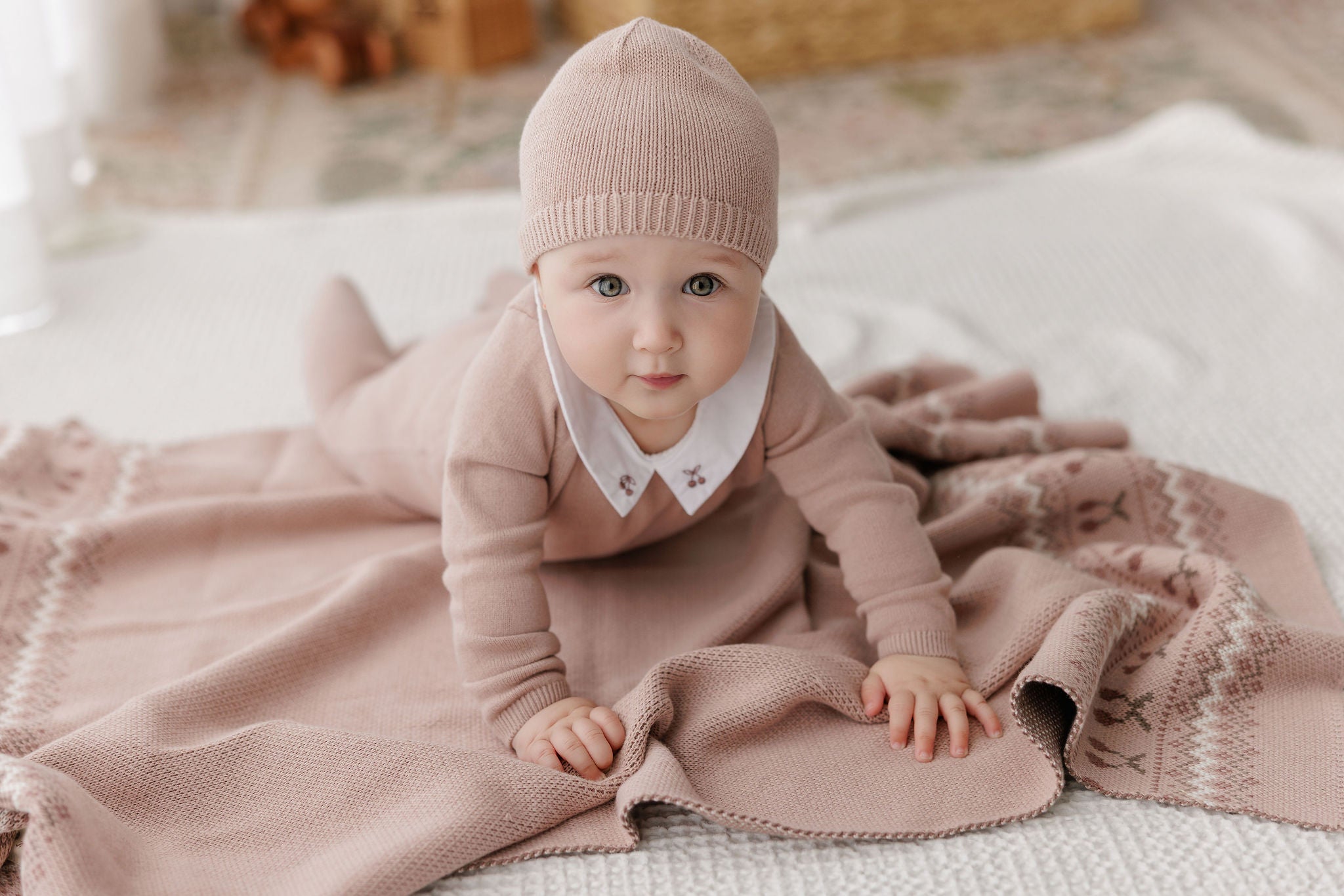 Mauve Fair Isle Collection Knit Baby Footie + Beanie