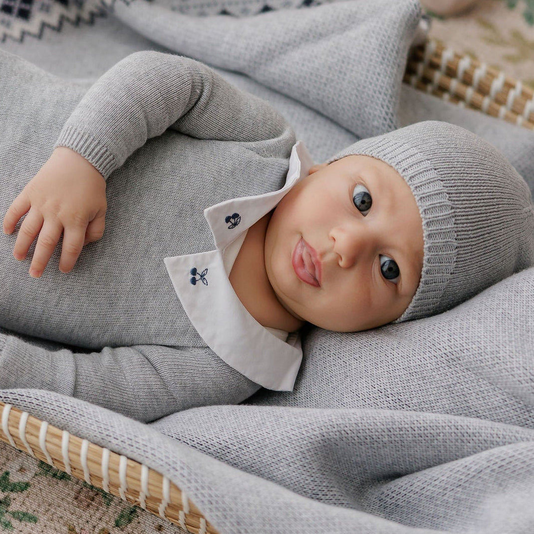 Blue-Grey Fair Isle Collection Knit Baby Footie + Beanie
