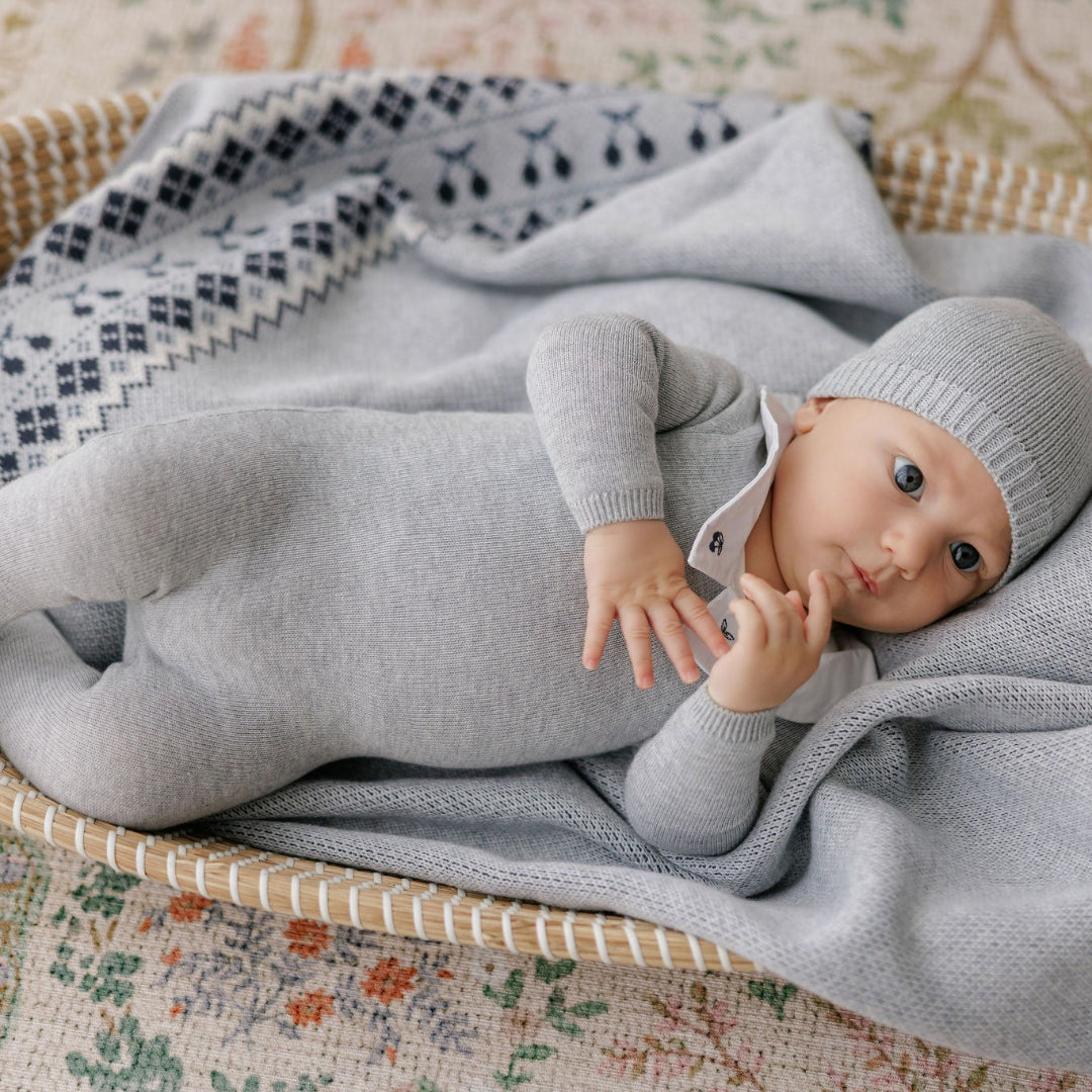 Blue-Grey Fair Isle Collection Knit Baby Footie + Beanie