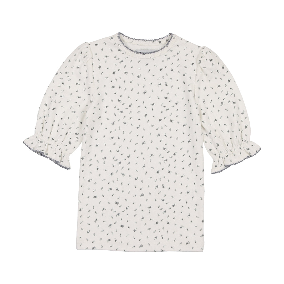 Blue Floral Puffed Sleeve Ribbed T-shirt