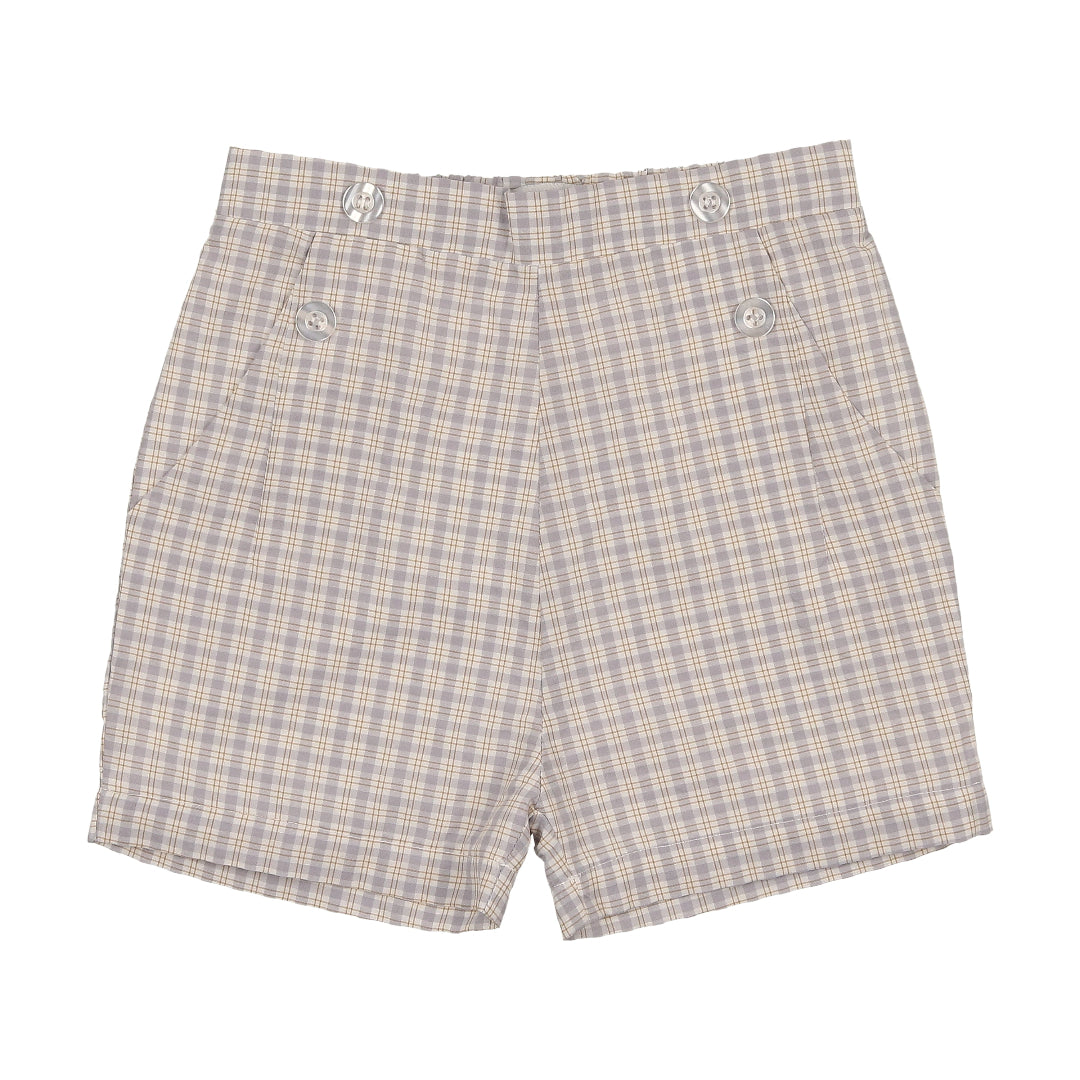 Sky Blue/ White Plaid Boys Front Button Shorts