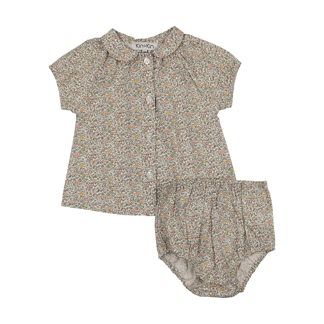 Floral Print Girls Peter Pan Collar Shirt & Bloomer Set