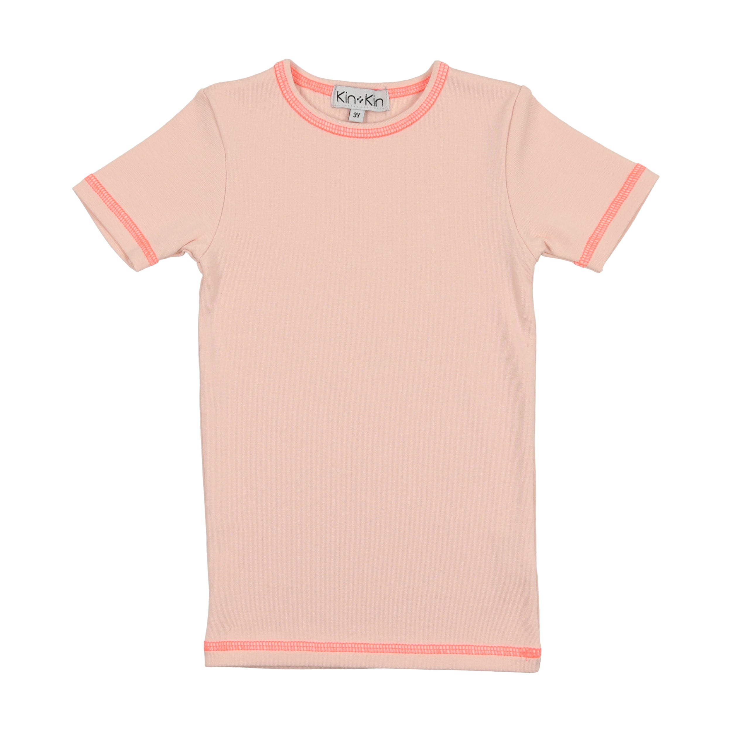 Pink & Hot Pink Thread Ribbed Three Quarter Sleeve T-Shirt