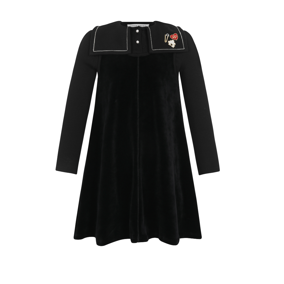 Black Embroidered Collar Velour Dress
