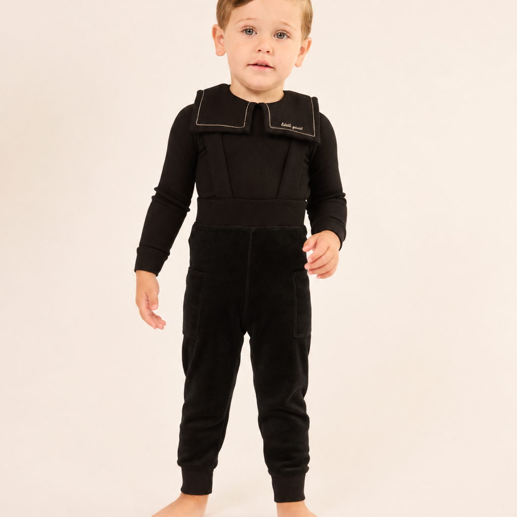 Black Embroidered Collar Velour Overall Set