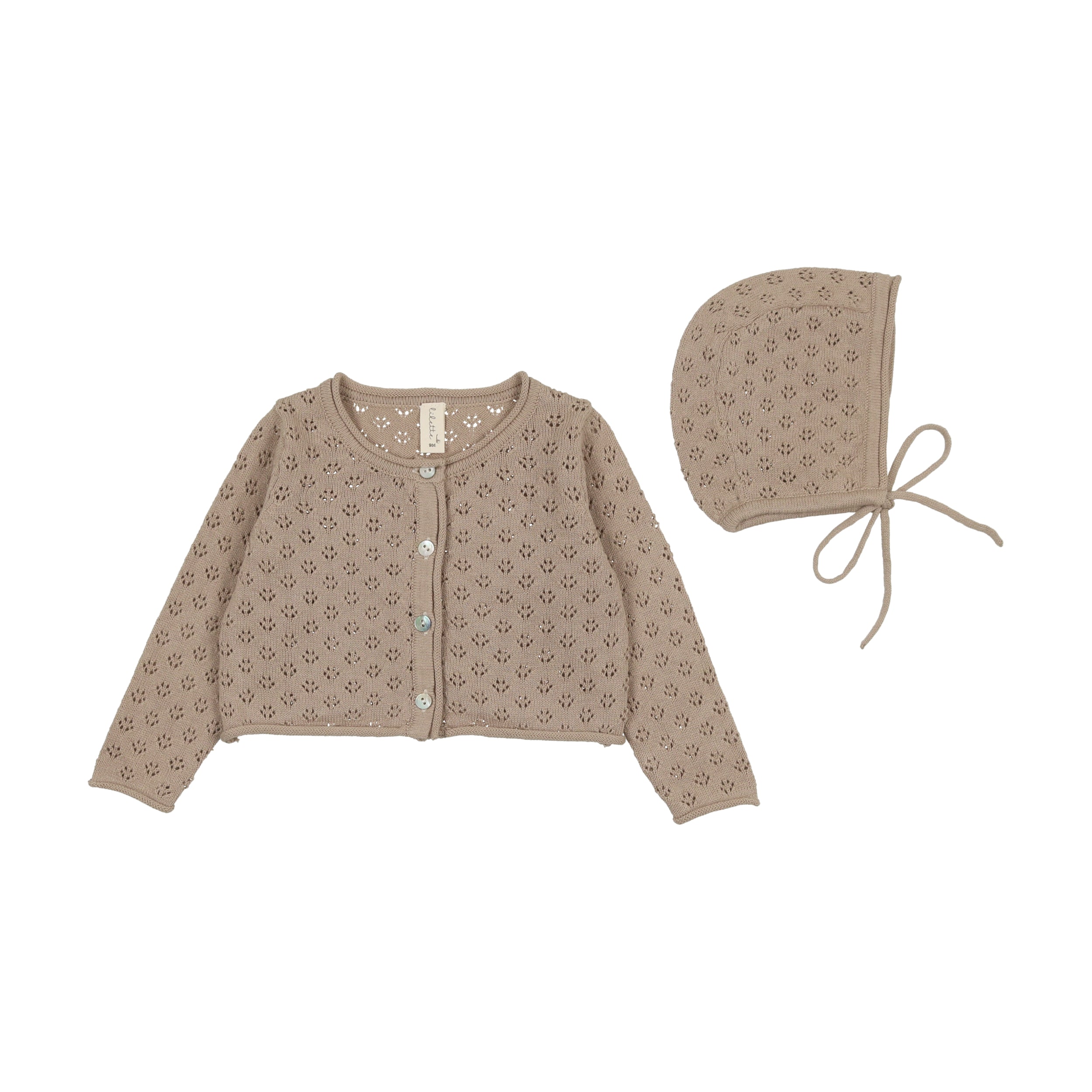 Taupe Knit Pointelle Cardigan & Bonnet