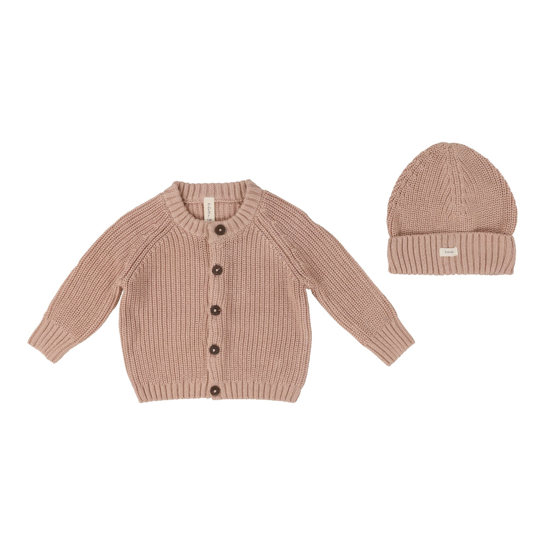 Peach Chunky Knit Cardigan With Beanie