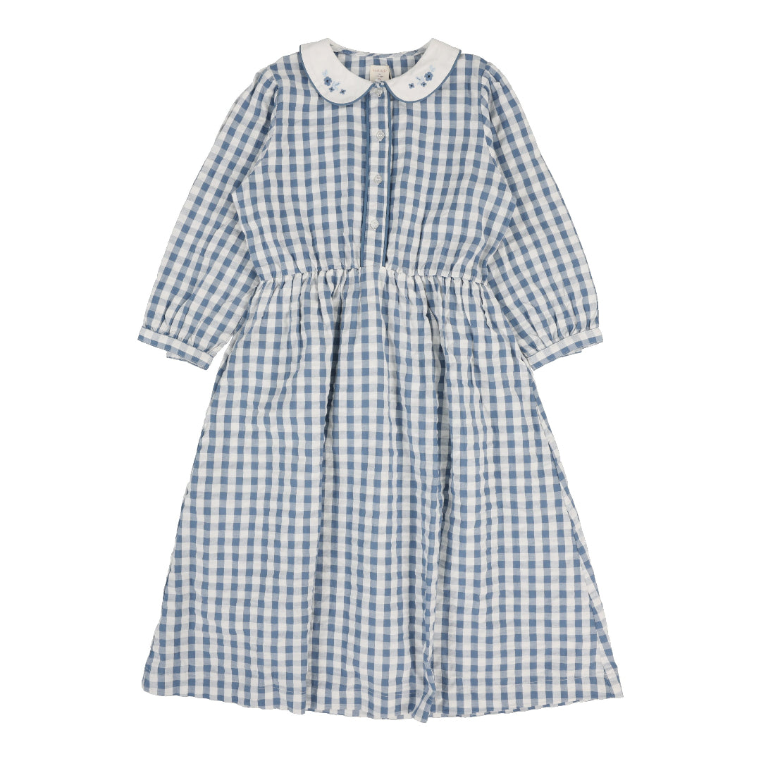 Bright Blue Gingham Dress Three Quarter Sleeve