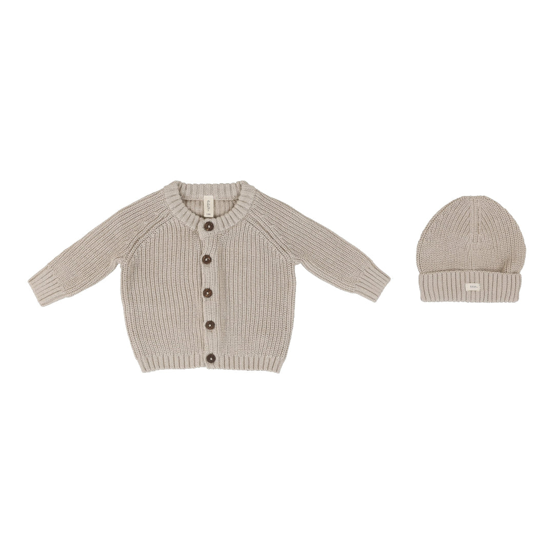 Taupe Chunky Knit Cardigan With Beanie