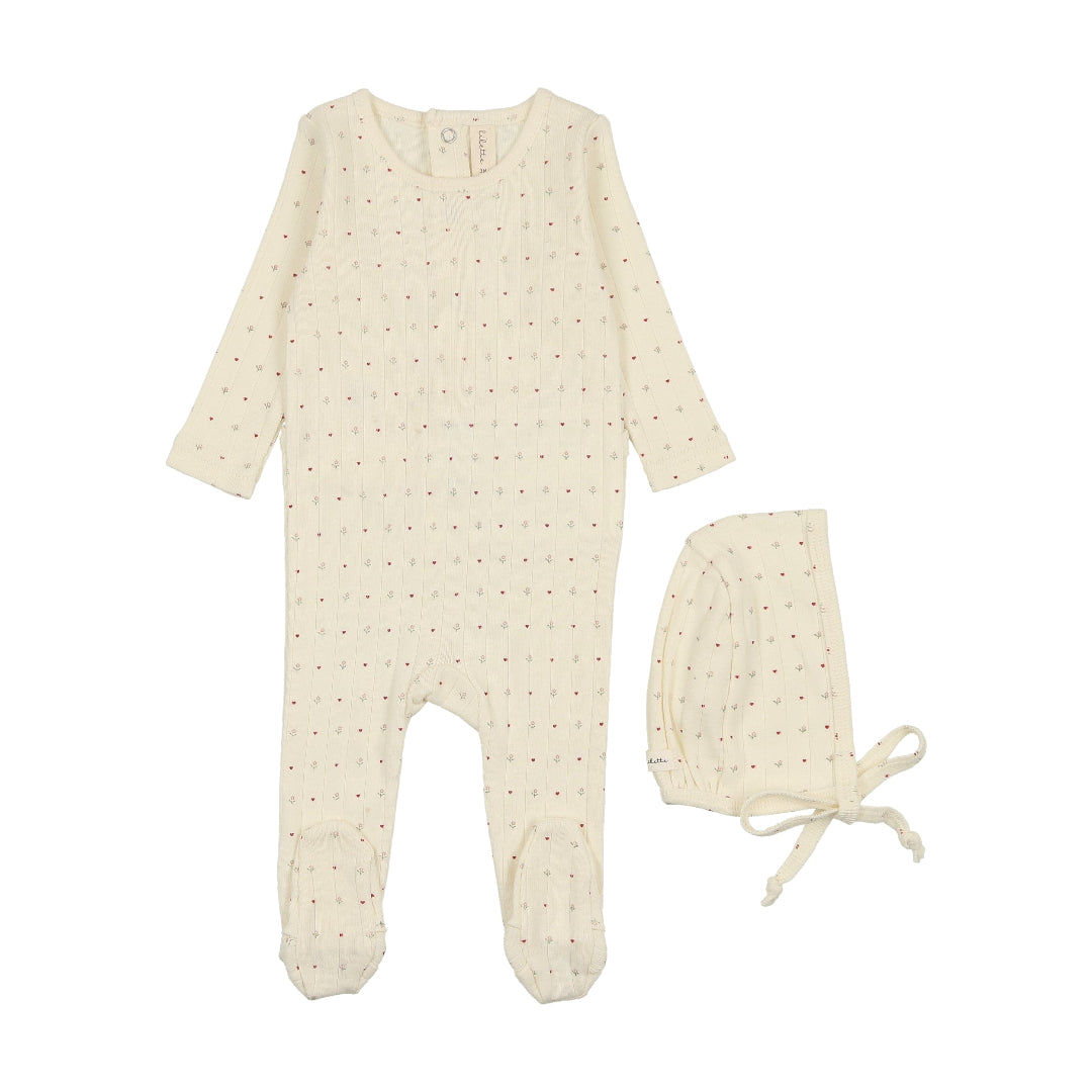 Cream/ Red Dot Linear Printed Footie Set