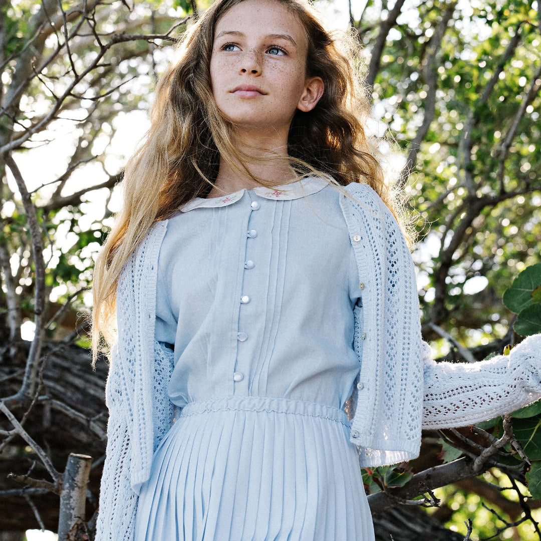 Clear Blue Pintuck 3/4 Sleeve Collar Blouse