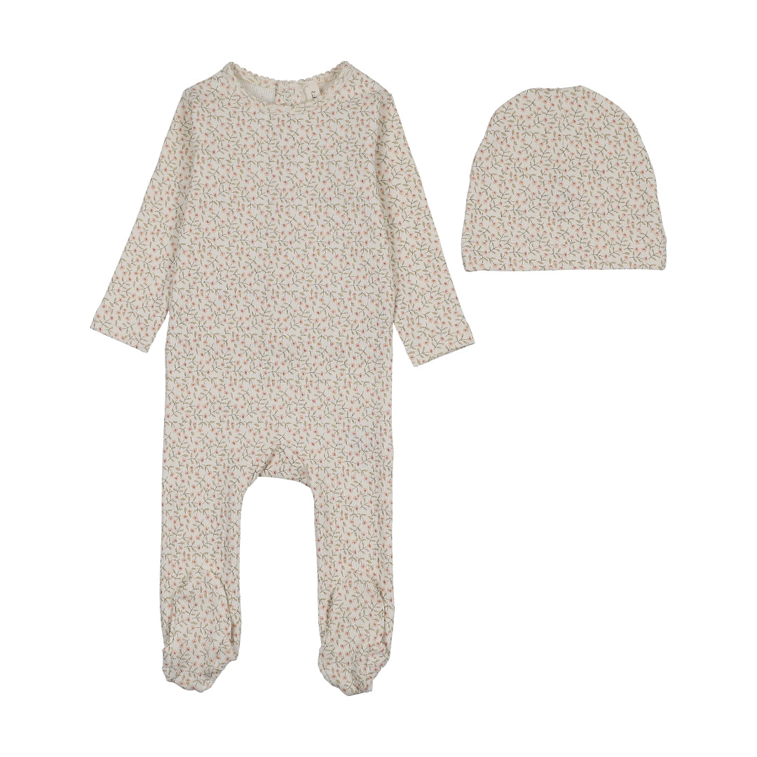 Cream/Pink Dahlia Vines Print Footie Set