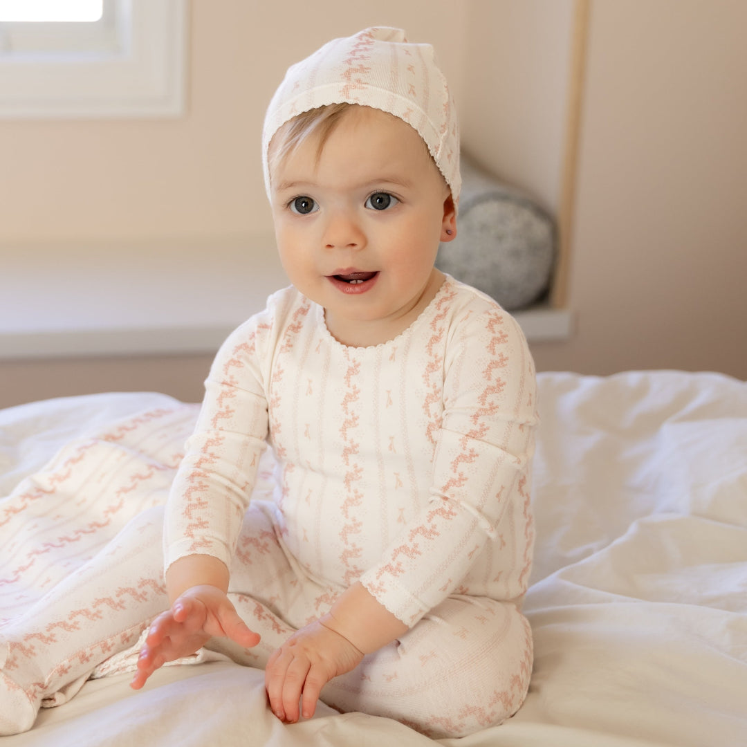 Chalk White Girls Linear Nostalgia Print Footie with Beanie