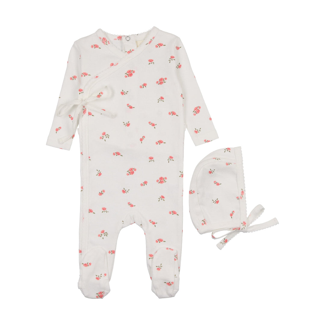 Floral Pink Pointelle Side Snap Footie + Bonnet