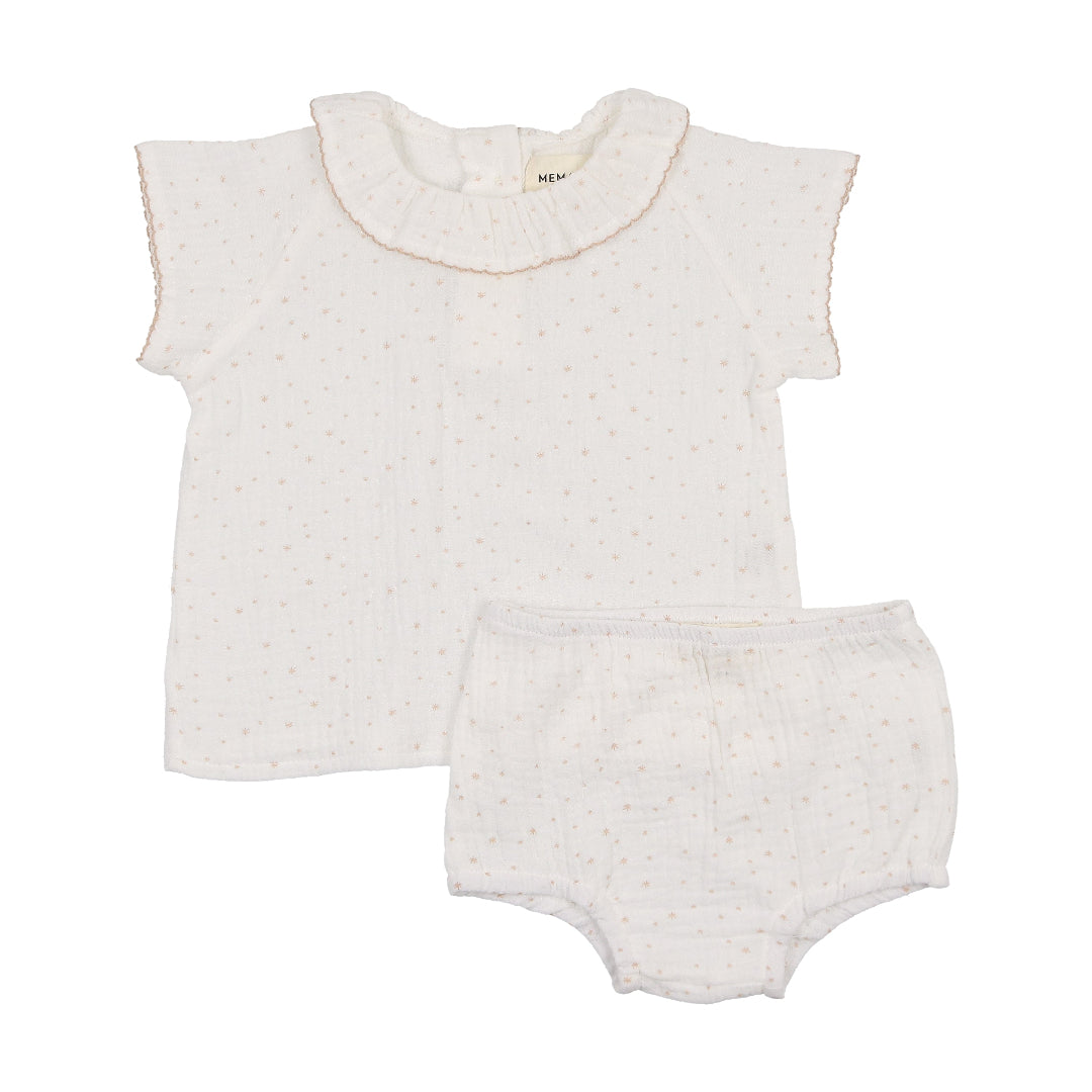Winter White/ Rose Gauze Collared Shirt + Bloomer