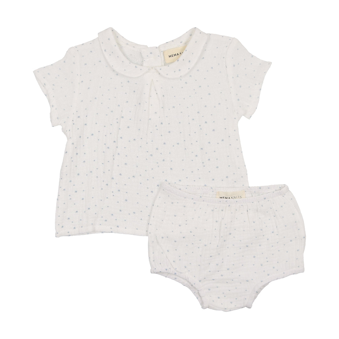 Winter White/ Faded Blue Gauze Collared Shirt + Bloomer