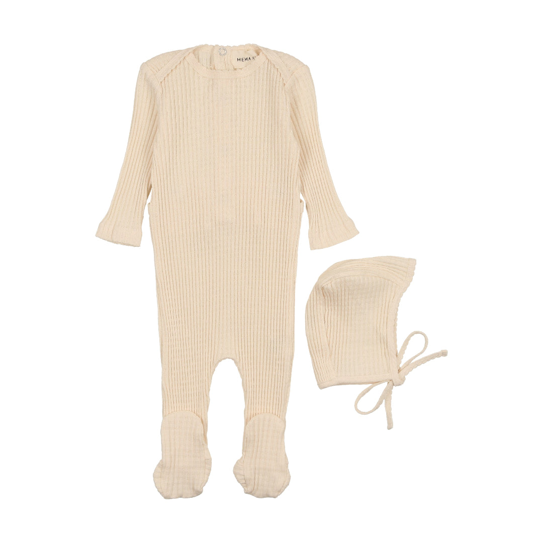 Cream Picot Edge Textured Footie + Bonnet