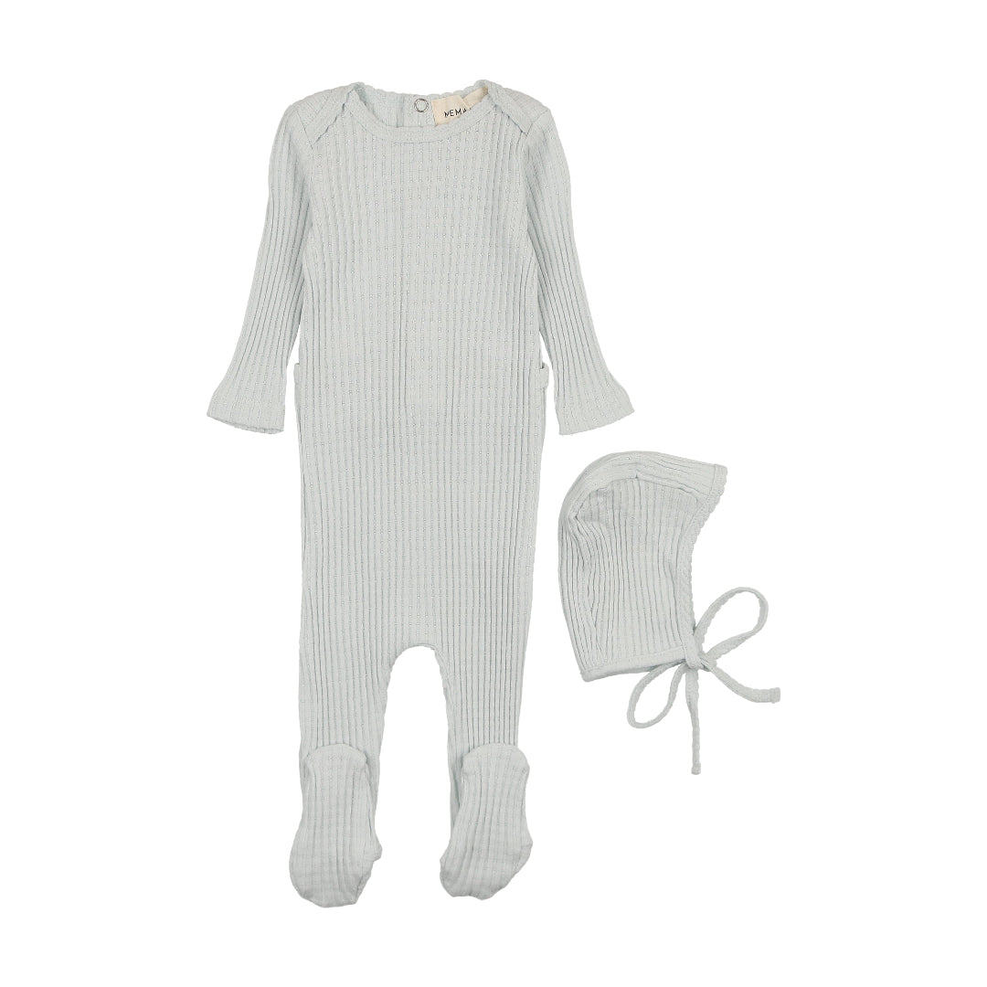Blue Picot Edge Textured Footie + Bonnet