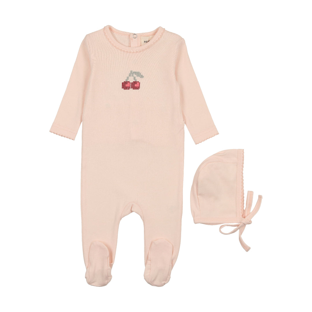 Soft Pink Embroidered Cherry Footie + Beanie