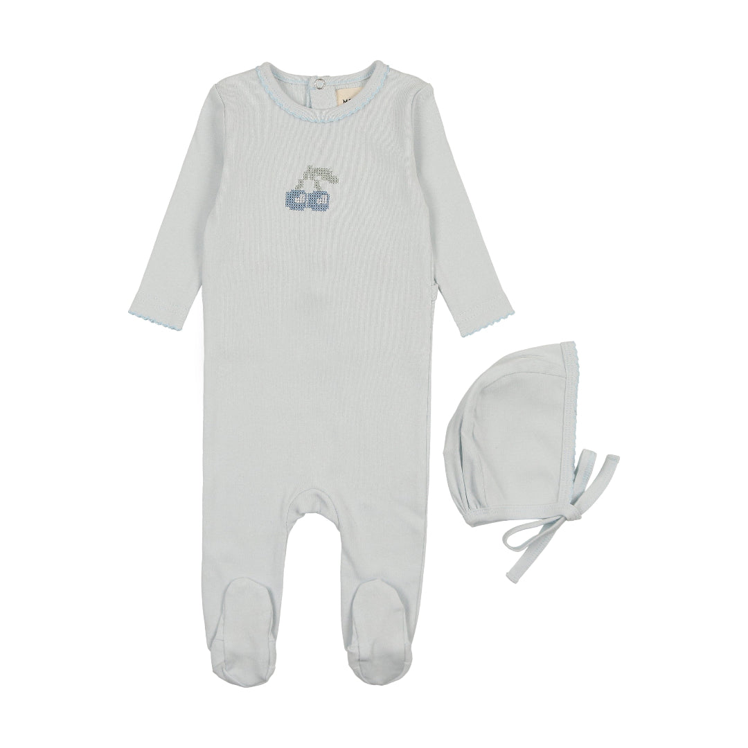 Blue Embroidered Cherry Footie + Beanie