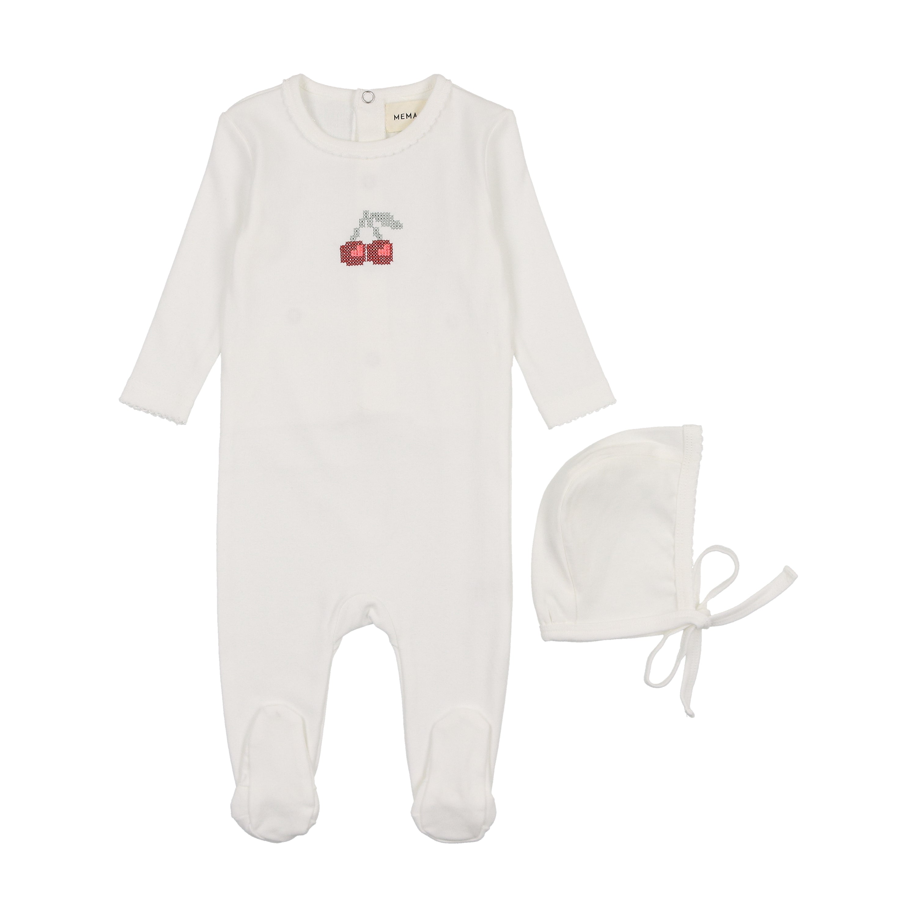 Winter White/Red Cherry Embroidered Cherry Footie + Beanie