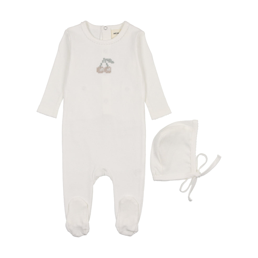 Winter White/Taupe Cherry Embroidered Cherry Footie + Beanie