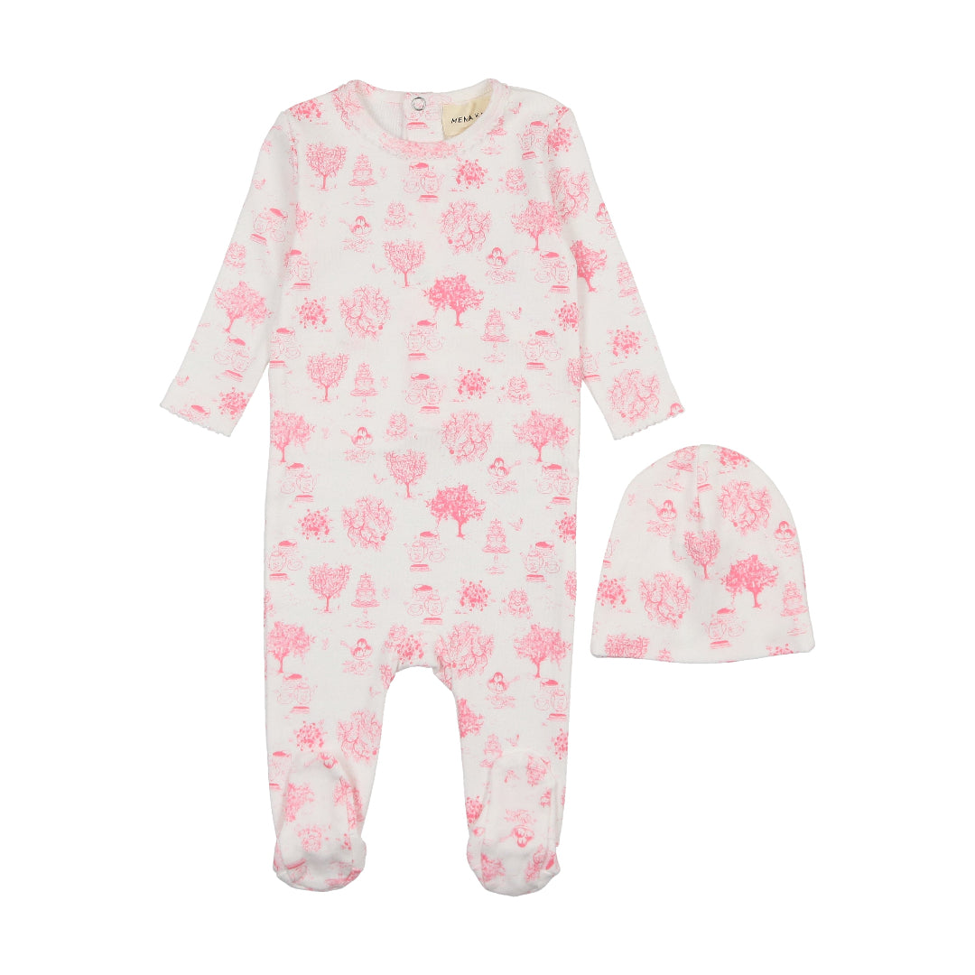 Pink Toile Print Footie + Beanie