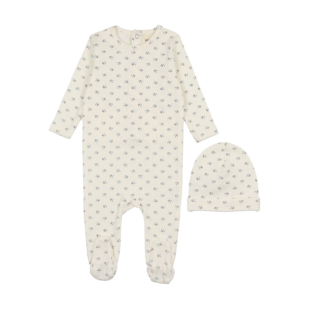 Blissful Blue Bud Print Footie + Beanie