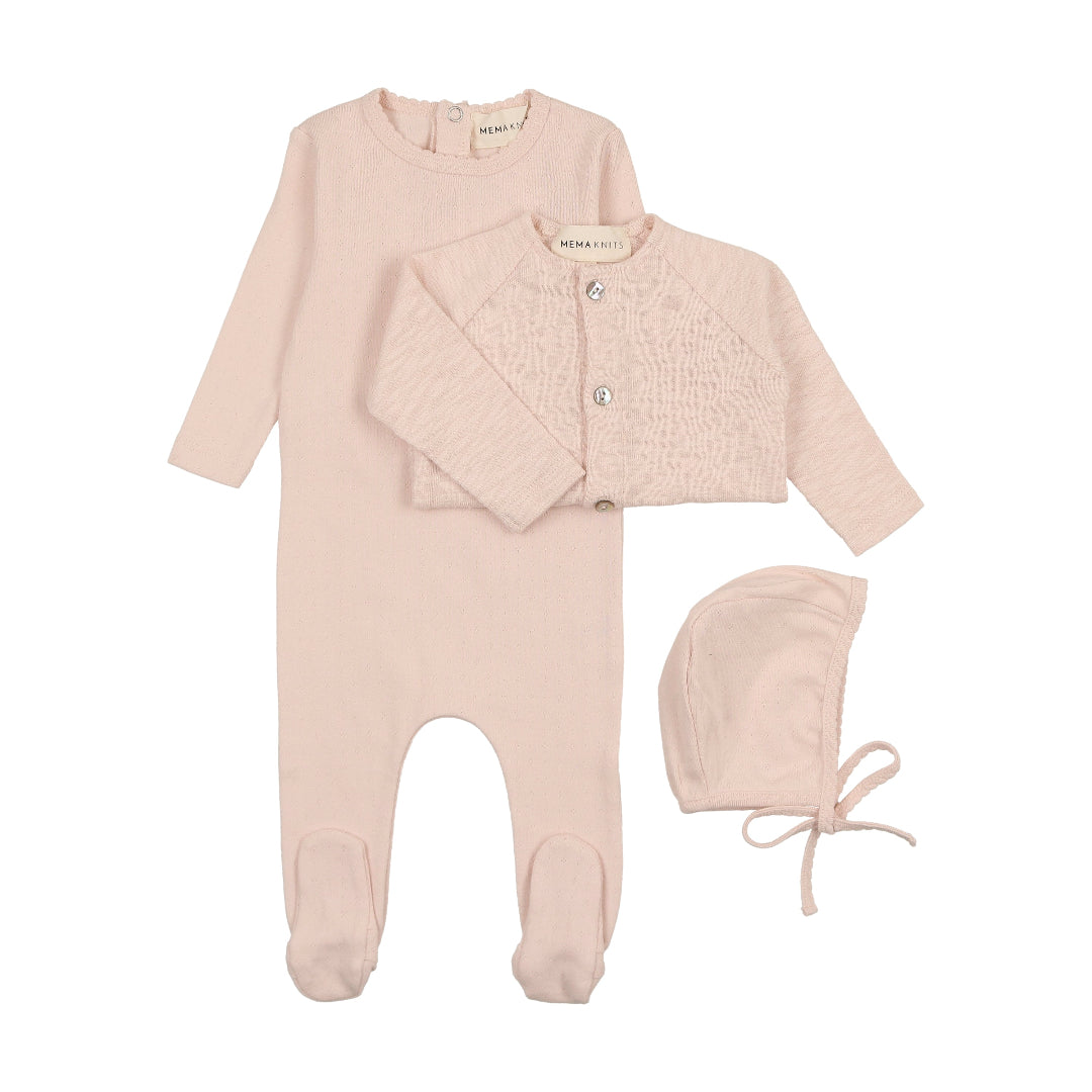 Peach Dust Pointelle Footie + Slub Cardigan + Beanie