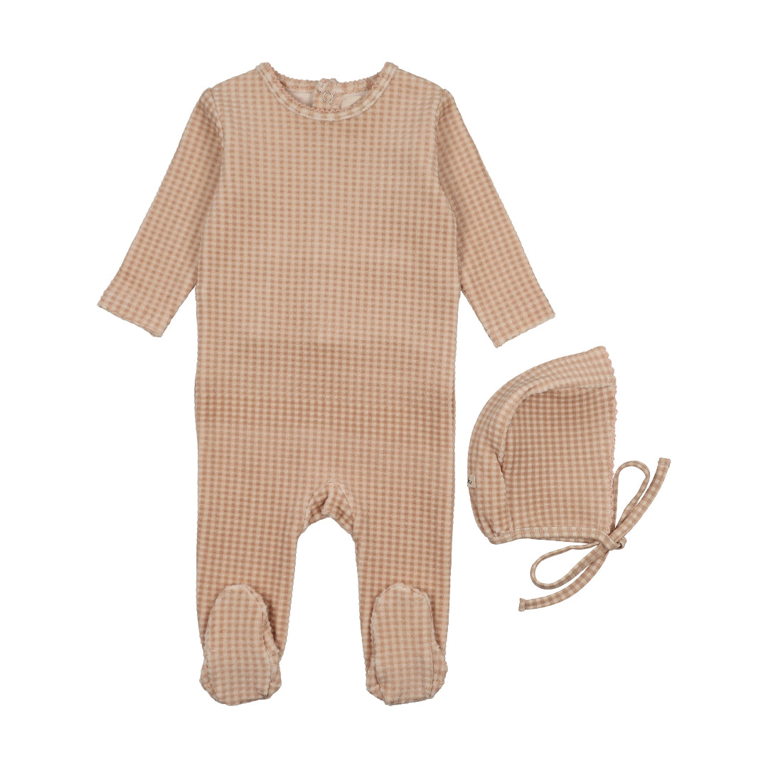 Rose Dust Velour Gingham Footie+Bonnet