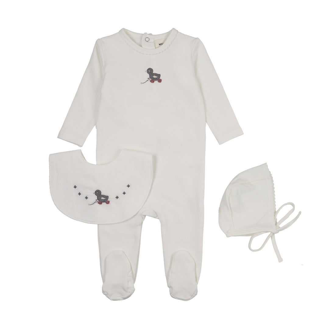 Winter White/Slate Duck Embroidered Duck Footie+Bonnet+Bib